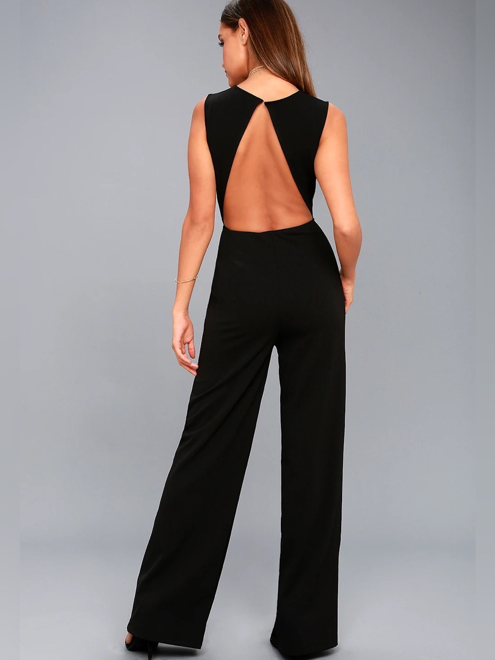 Lulus Refine and Poise Backless Wide-Leg Jumpsuit Black Small  EUC Stretch Knit
